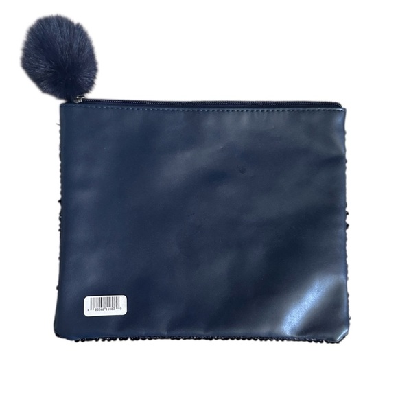 🌺 Boutique NWT Navy Blue Sequin Pom Pom Makeup Bag S Glam Pouch Cosmetic Travel - Picture 4 of 5
